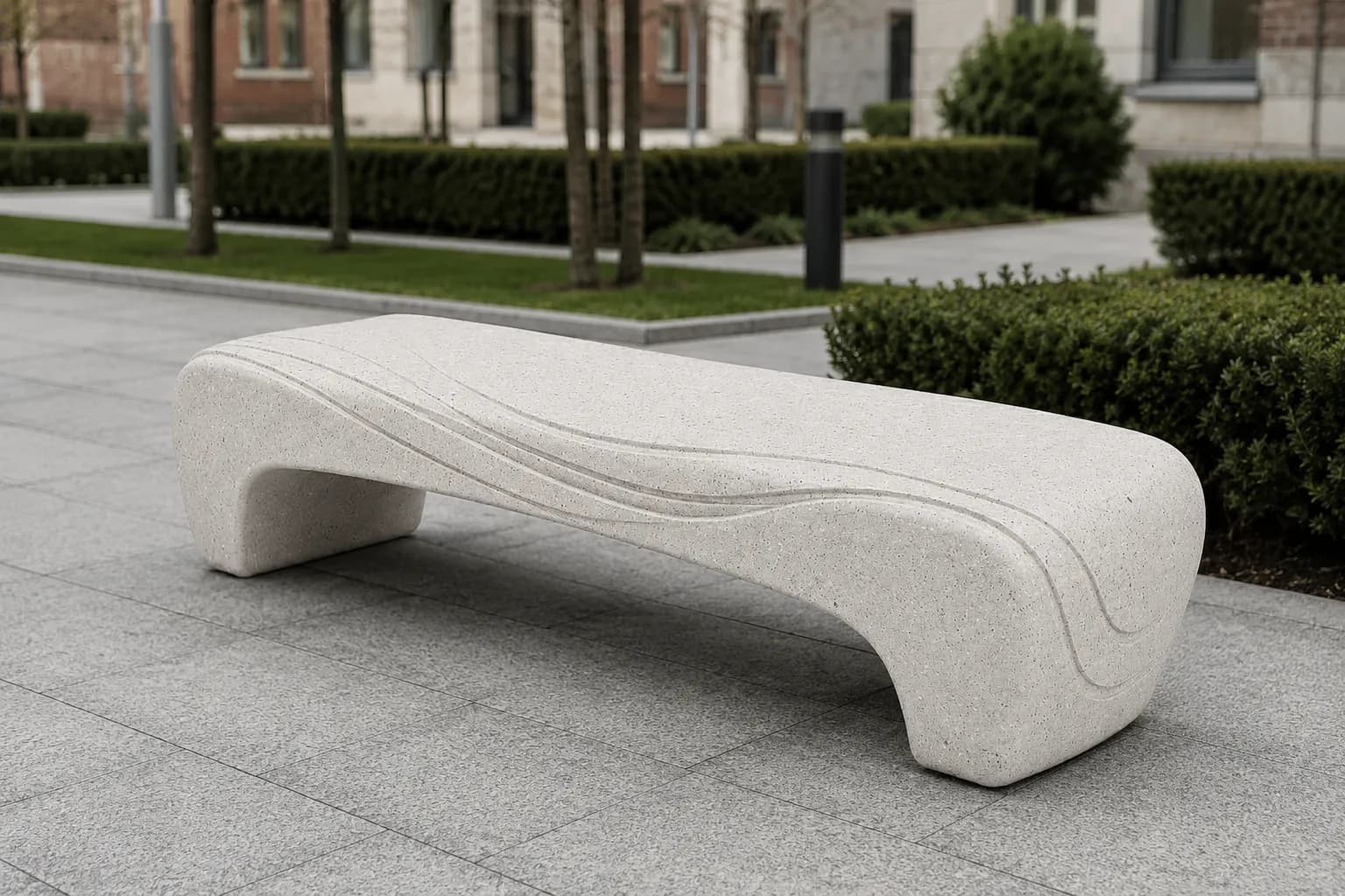 Aura Vela Bench — in context — off-white concrete + iroko