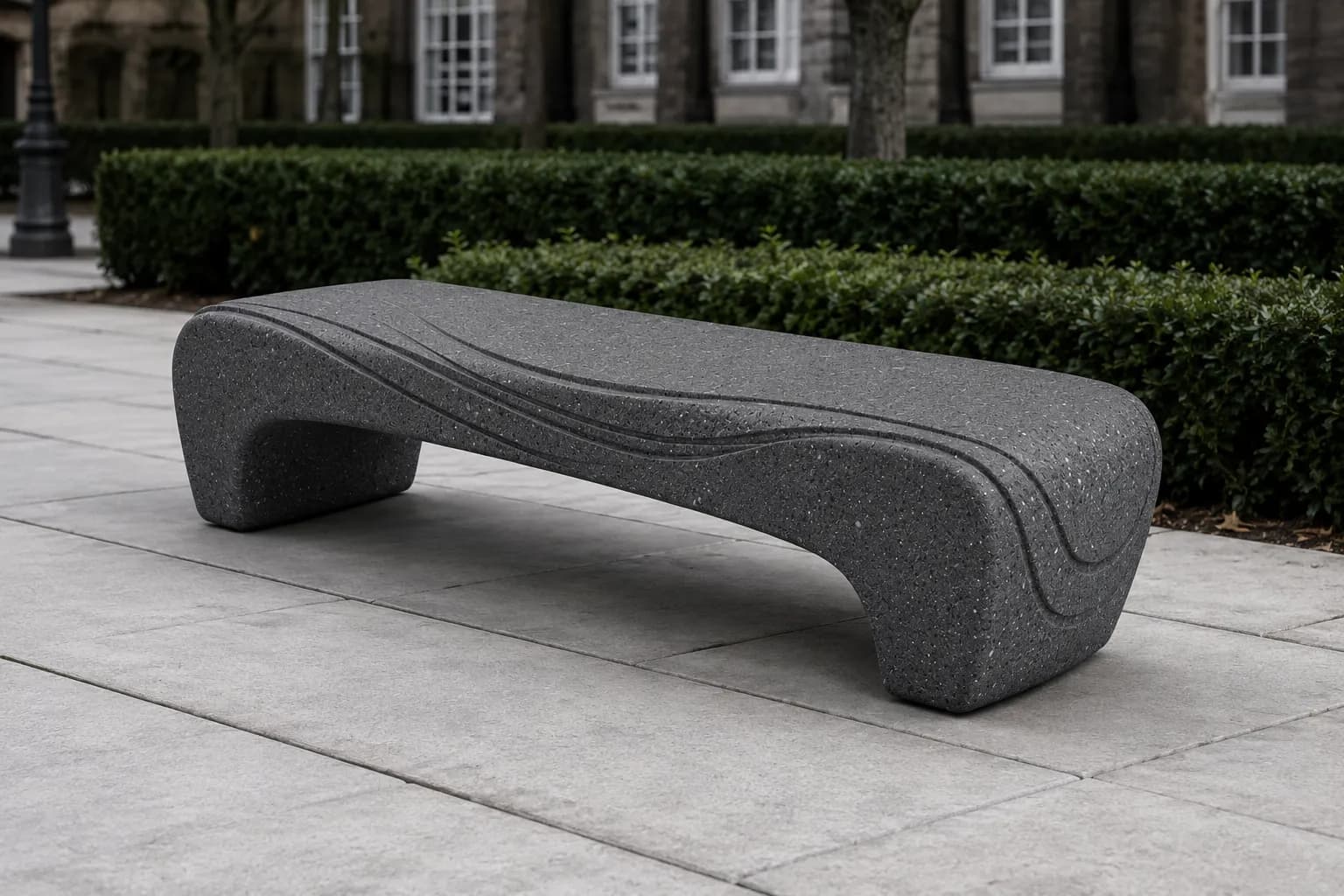 Aura Vela Bench — in context — basalt concrete + sapelli