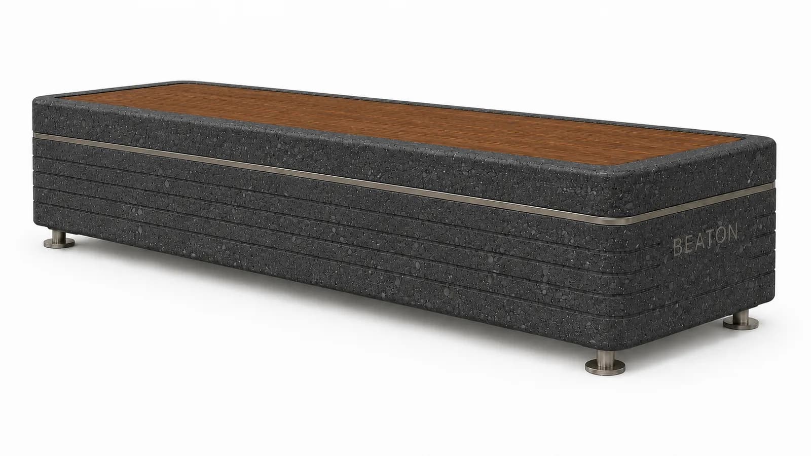 Liora Pure Bench — 3/4 perspective — basalt concrete + sapelli