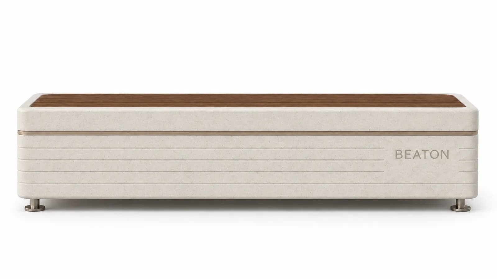 Liora Pure Bench — front view — off-white concrete + iroko