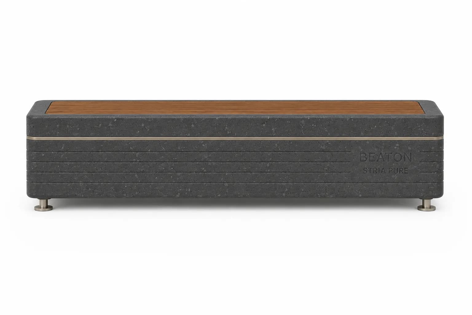 Liora Pure Bench — front view — basalt concrete + sapelli