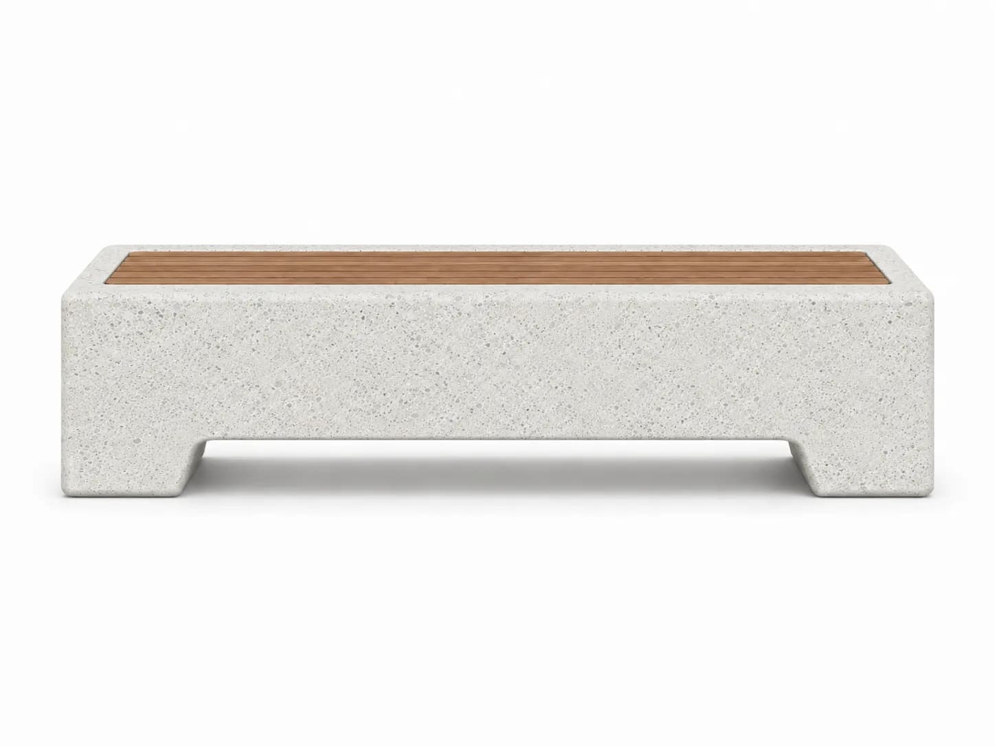 Caven Line Bench — front view — off-white concrete + iroko