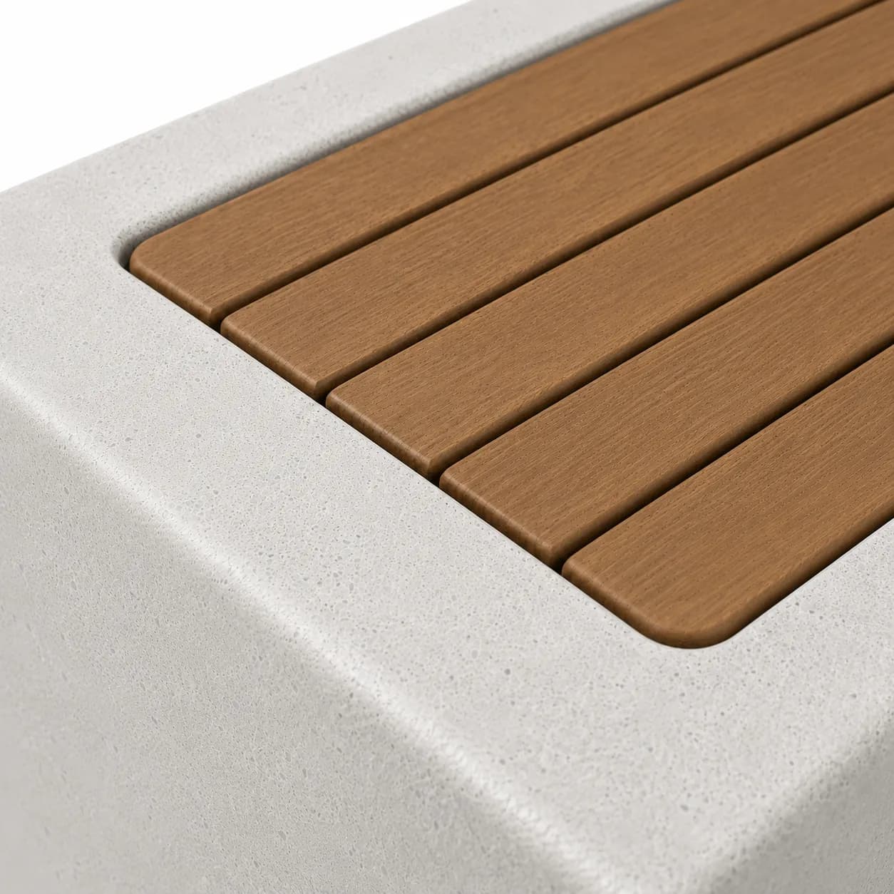 Caven Line Bench — detail close-up — off-white concrete + iroko