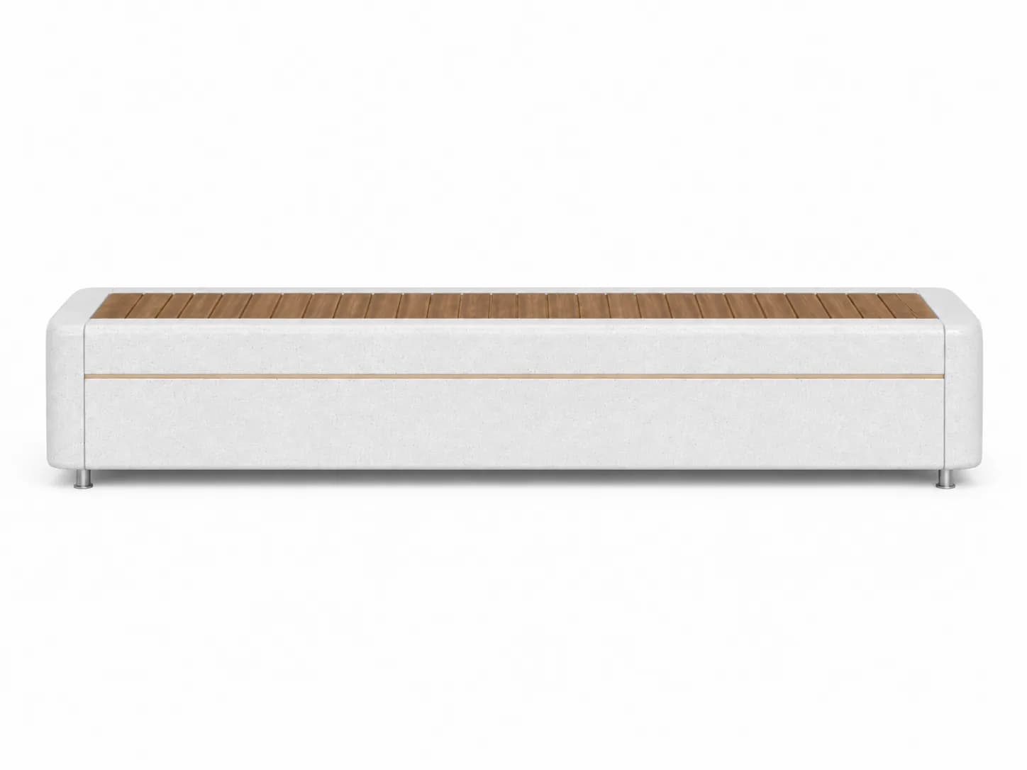 Caven Pure Bench — front view — off-white concrete + iroko