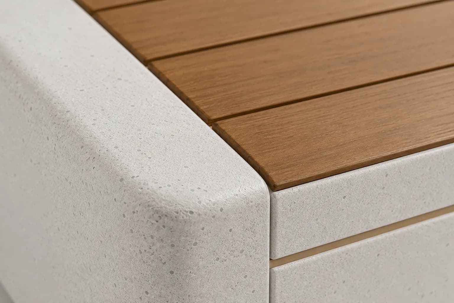 Caven Pure Bench — detail close-up — off-white concrete + iroko