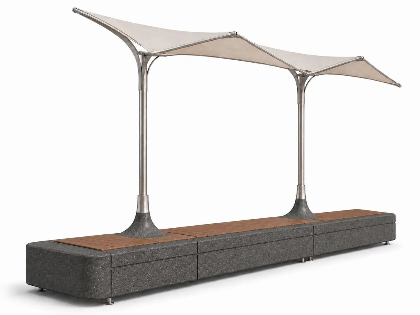 Caven Shade Bench — 3/4 perspective — basalt concrete + sapelli