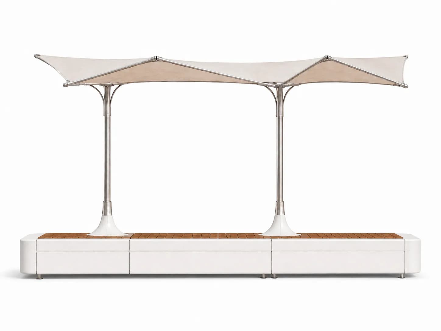 Caven Shade Bench — front view — off-white concrete + iroko