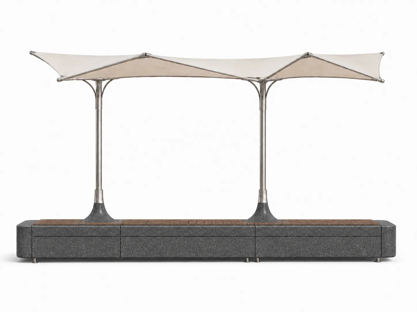 Caven Shade Bench — front view — basalt concrete + sapelli