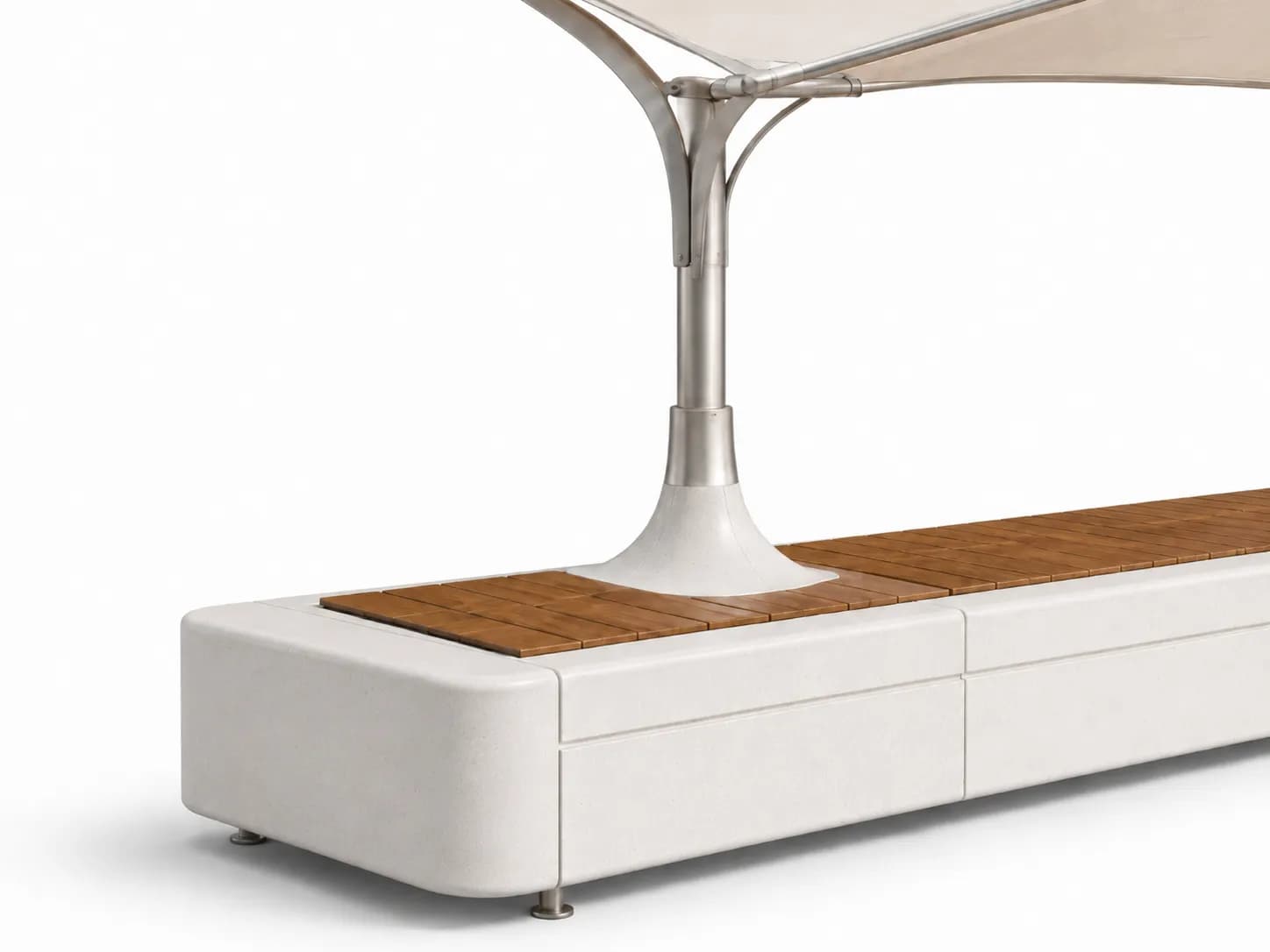 Caven Shade Bench — detail close-up — off-white concrete + iroko