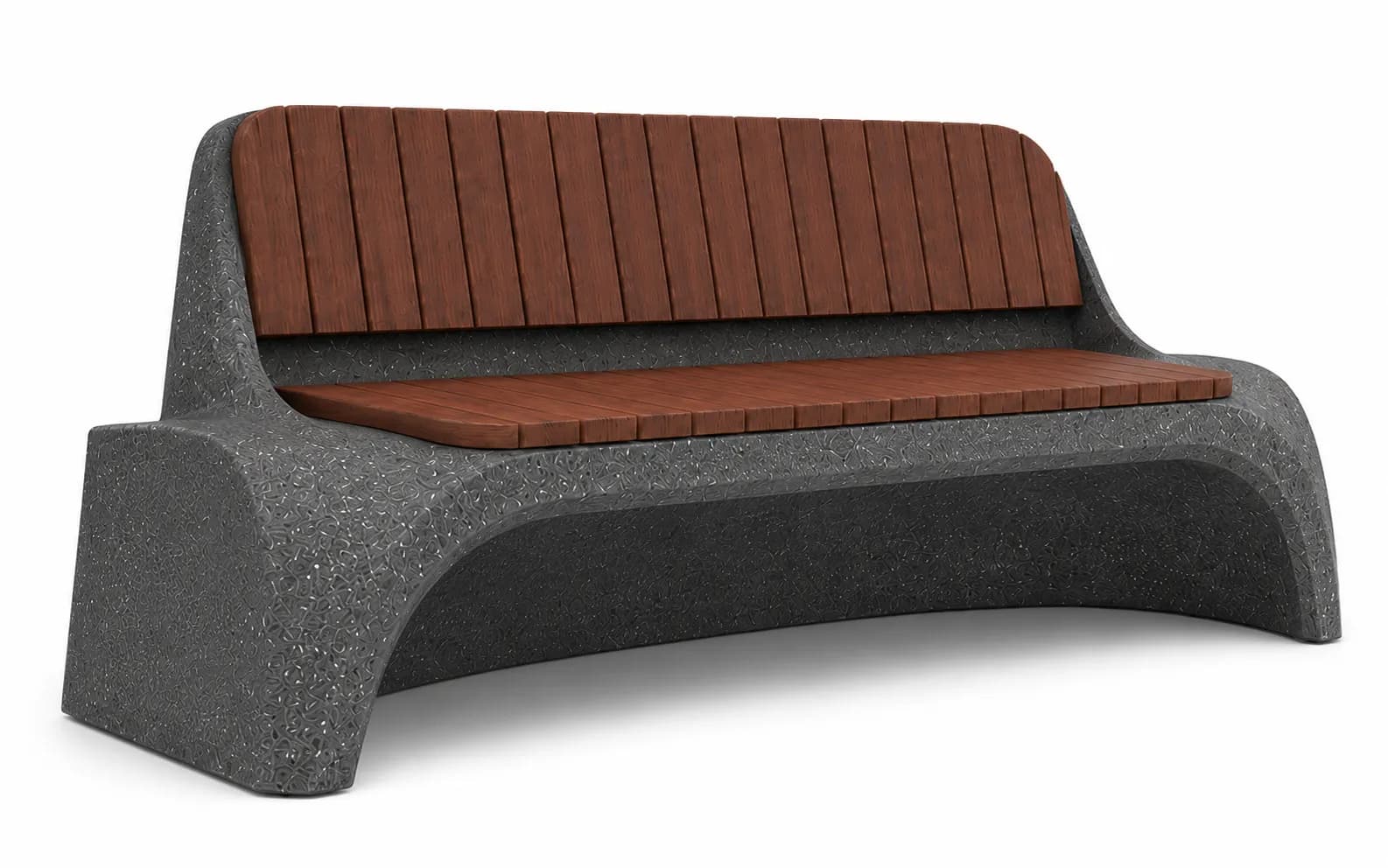 Lıvora Curved Bench — 3/4 perspective — off-white concrete + iroko