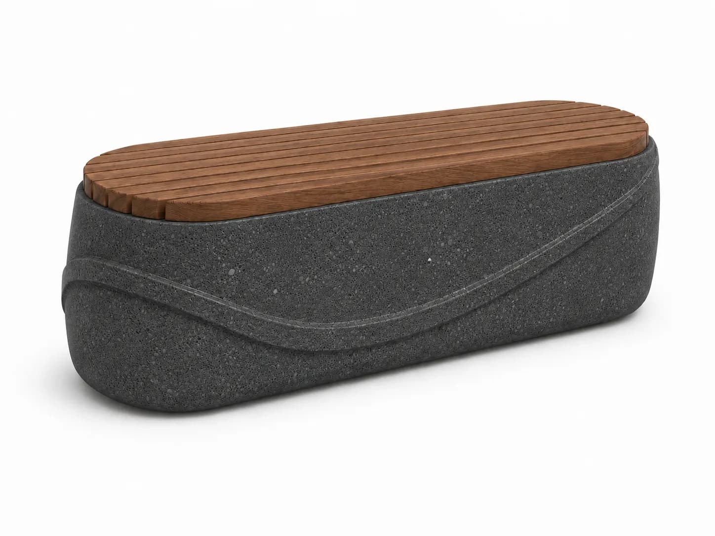 Auro Bench — 3/4 perspective — basalt concrete + sapelli