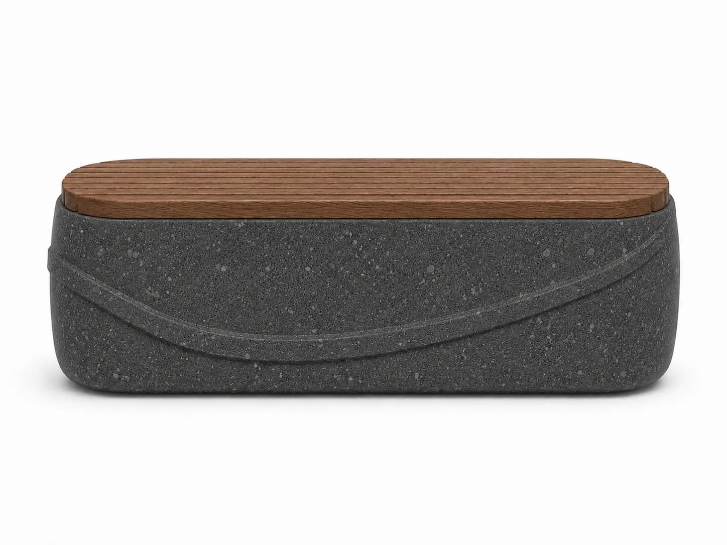 Auro Bench — front view — basalt concrete + sapelli