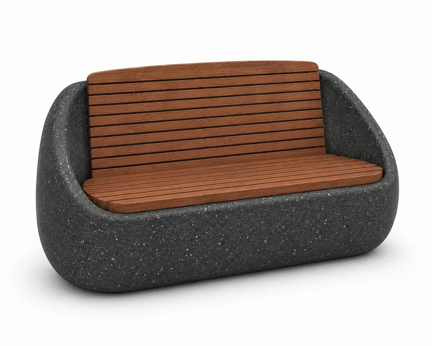 Veyra Nest Bench — 3/4 perspective — basalt concrete + sapelli