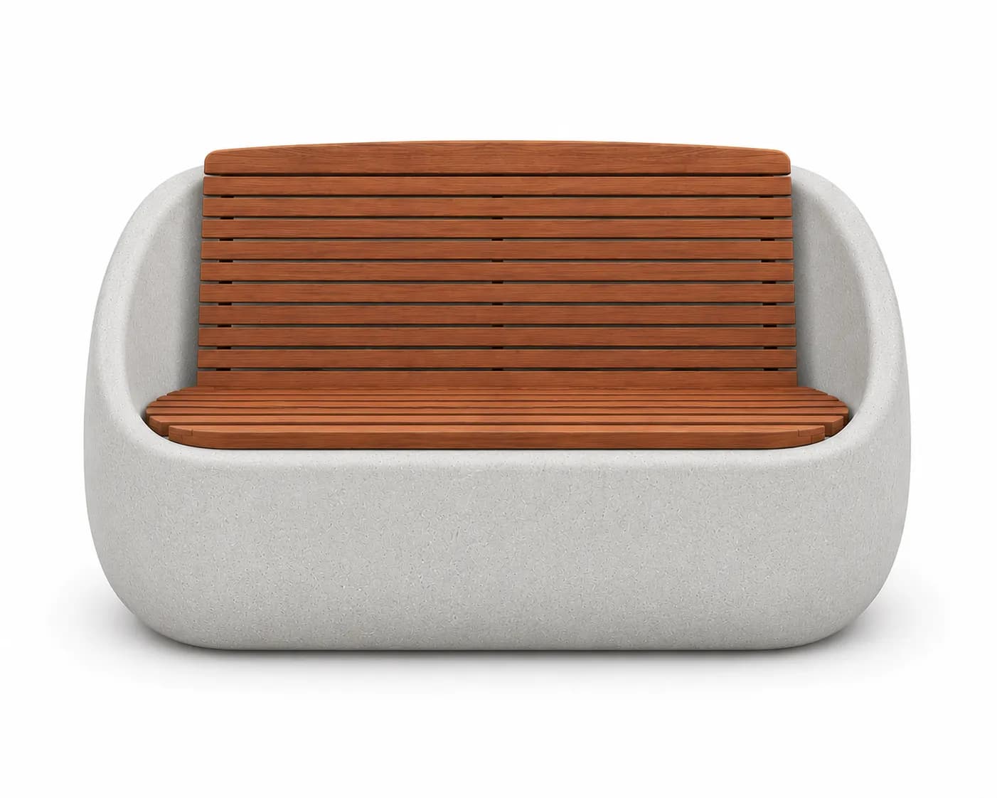 Veyra Nest Bench — front view — off-white concrete + iroko