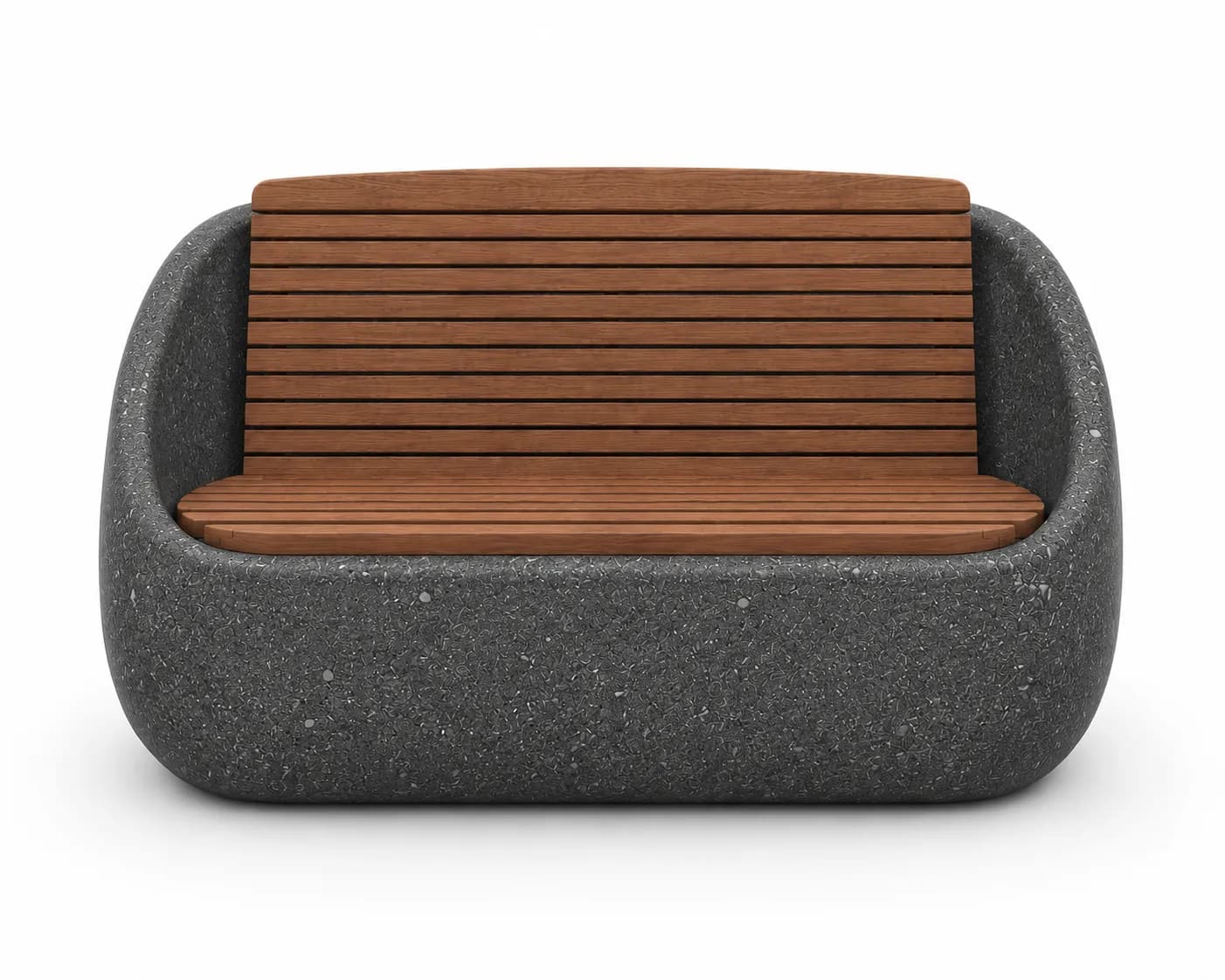 Veyra Nest Bench — front view — basalt concrete + sapelli