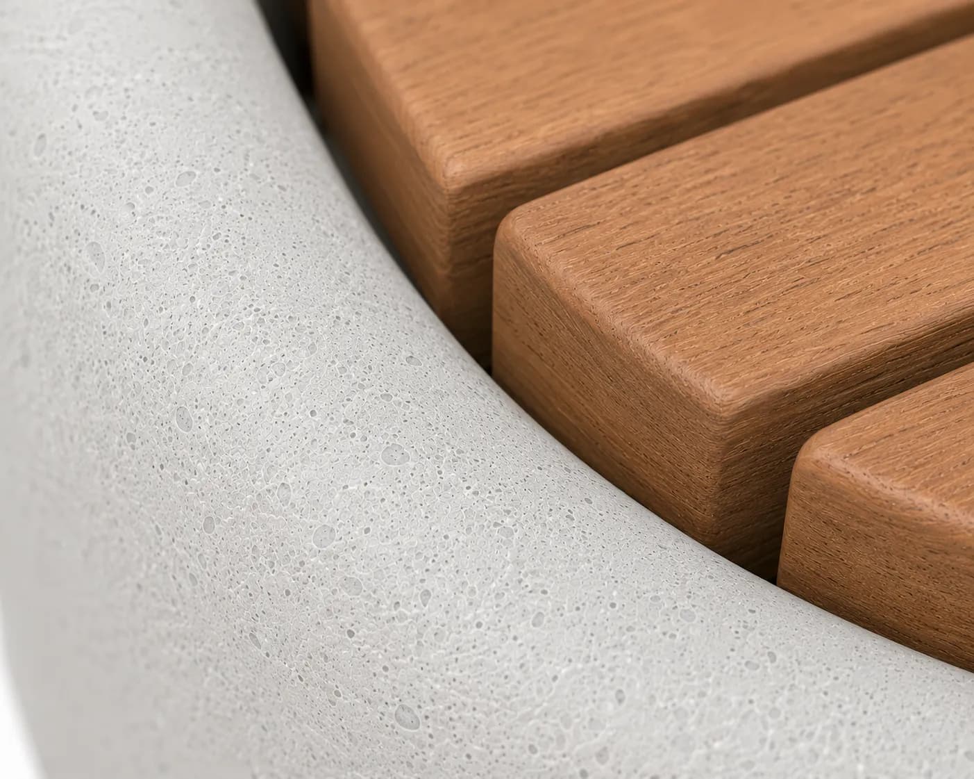 Veyra Nest Bench — detail close-up — off-white concrete + iroko