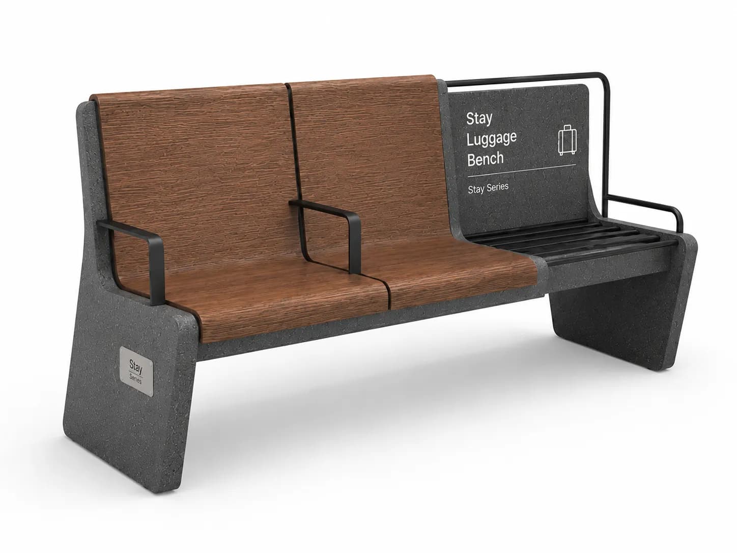 Stay Luggage Bench — 3/4 perspective — basalt concrete + sapelli