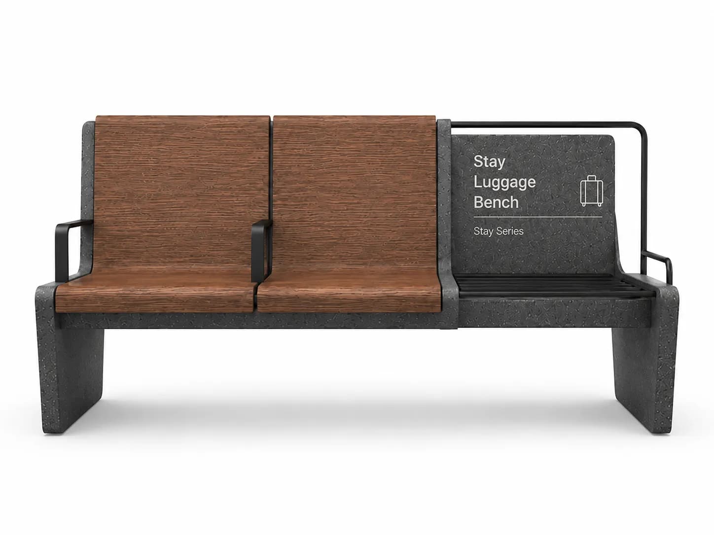 Stay Luggage Bench — front view — basalt concrete + sapelli