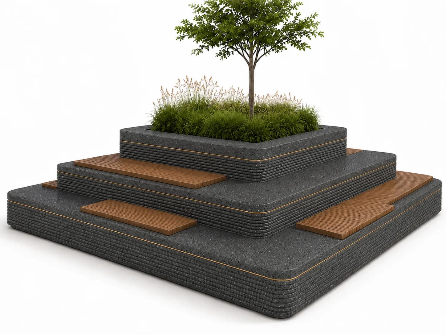 Liora Nexus Planter Seating Unit — 3/4 perspective — basalt concrete + sapelli