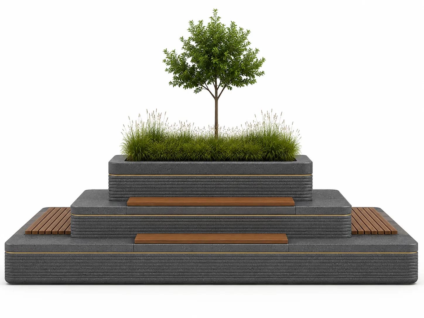 Liora Nexus Planter Seating Unit — front view — basalt concrete + sapelli