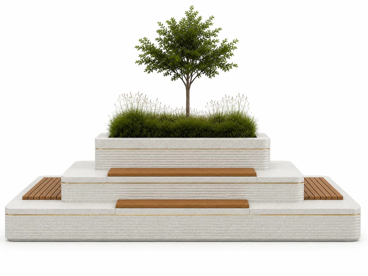 Liora Nexus Planter Seating Unit — front view — off-white concrete + iroko