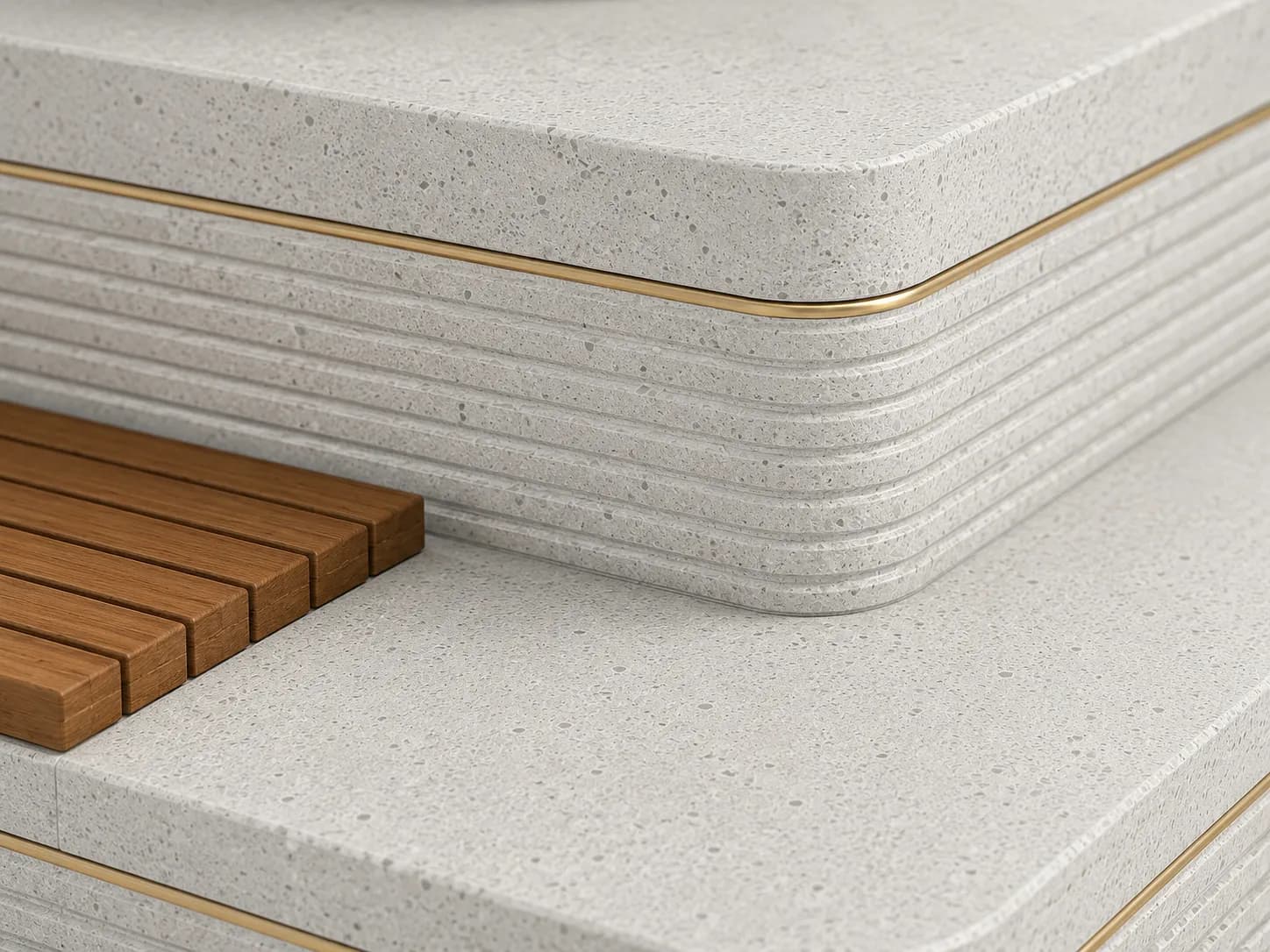 Liora Nexus Planter Seating Unit — detail close-up — off-white concrete + iroko