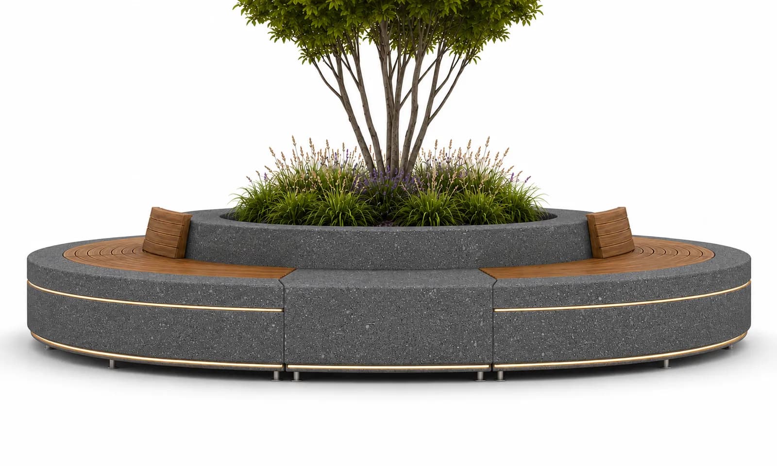 Halo Lounge Tree Bench — 3/4 perspective — basalt concrete + sapelli