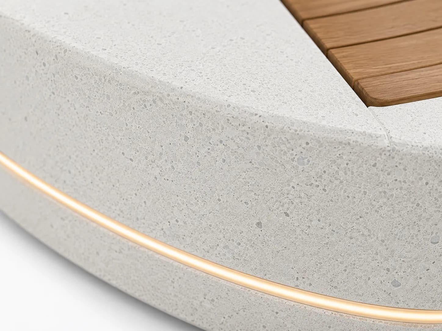 Halo Lounge Tree Bench — detail close-up — off-white concrete + iroko