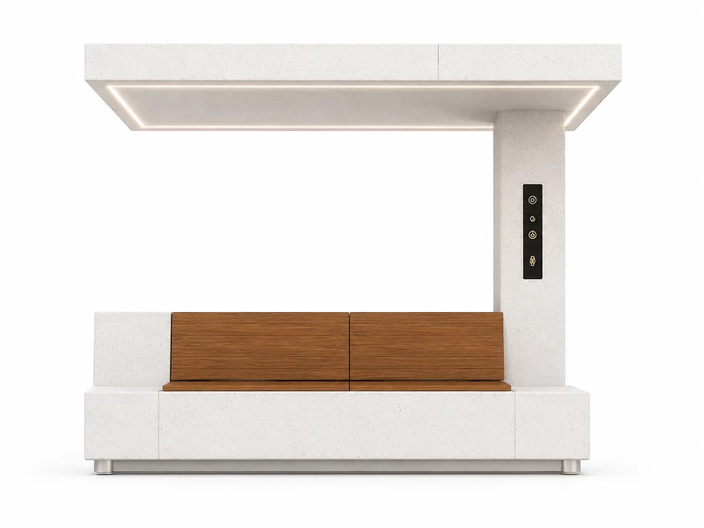 Norden Multifunctional Bench — front view — off-white concrete + iroko