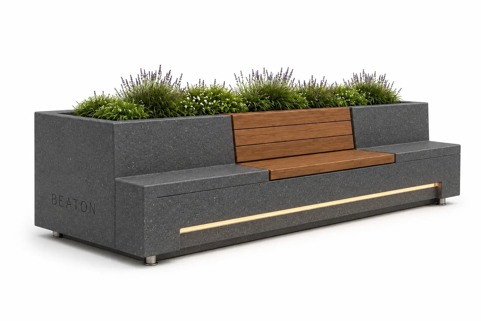Caven Rest Planter Seating Unit — 3/4 perspective — basalt concrete + sapelli