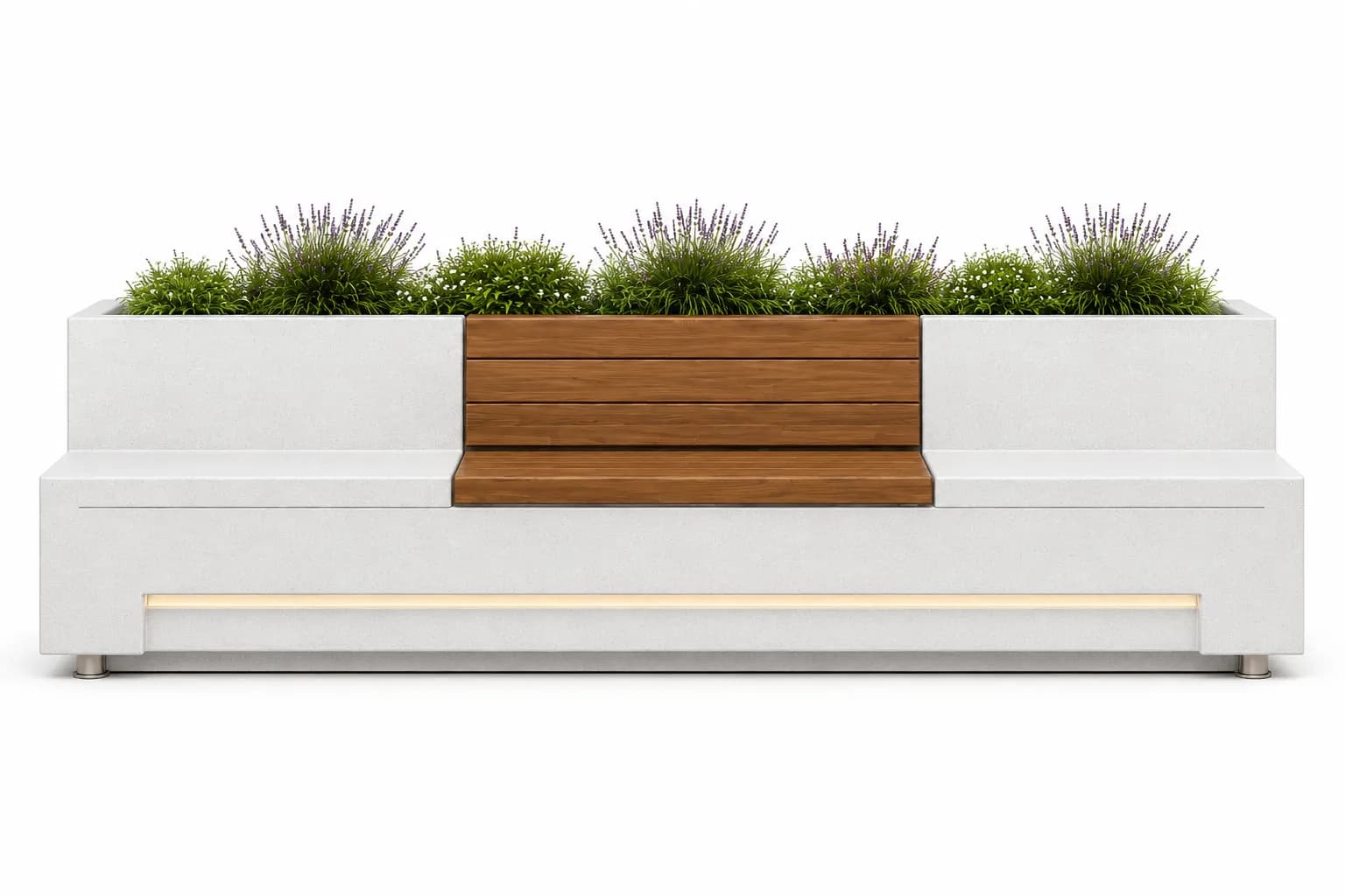 Caven Rest Planter Seating Unit — front view — off-white concrete + iroko
