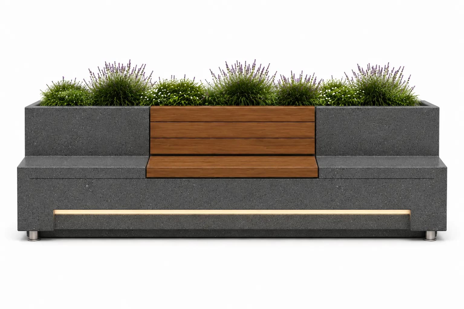 Caven Rest Planter Seating Unit — front view — basalt concrete + sapelli