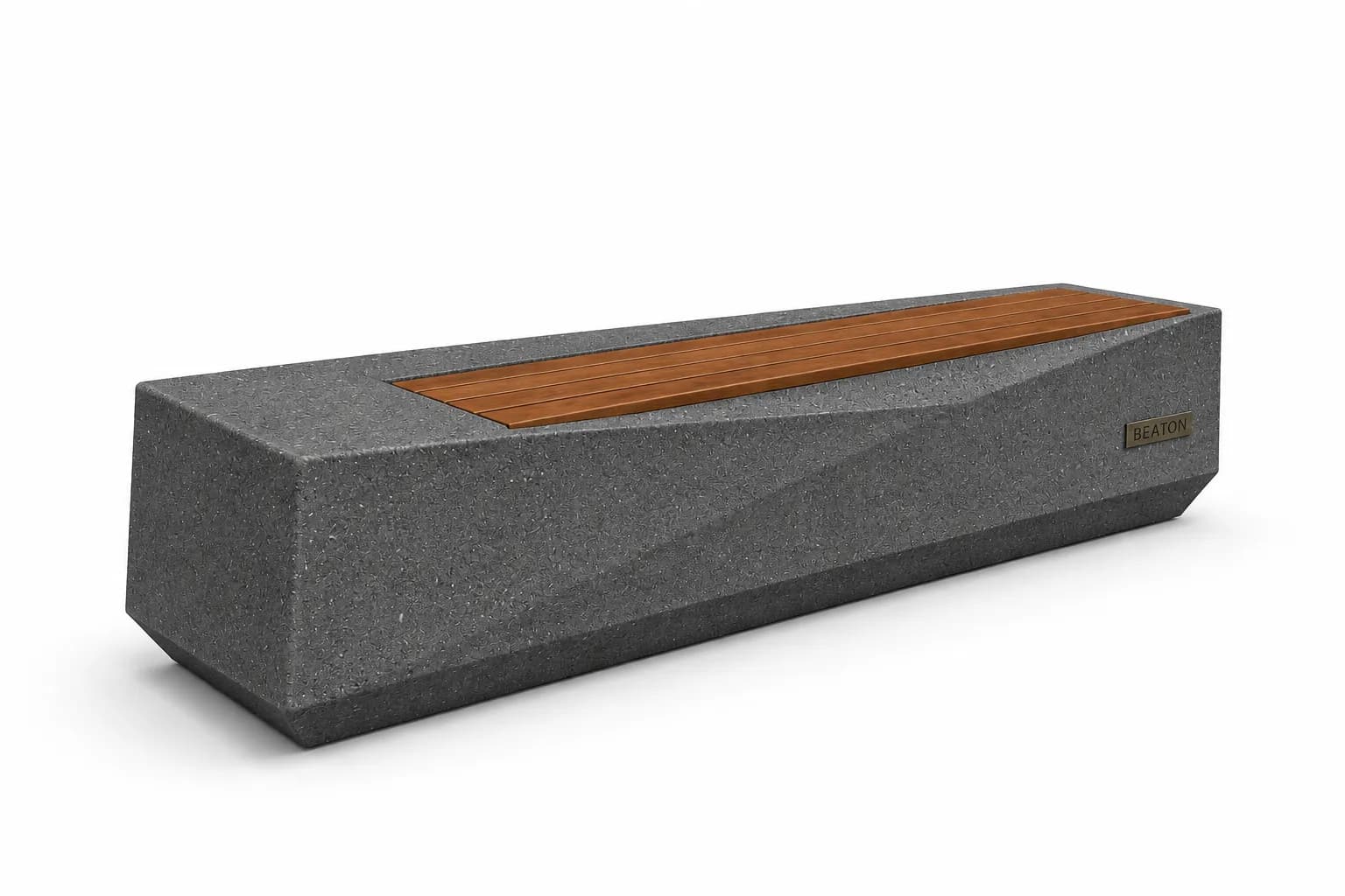 Belvar Bench — 3/4 perspective — basalt concrete + sapelli