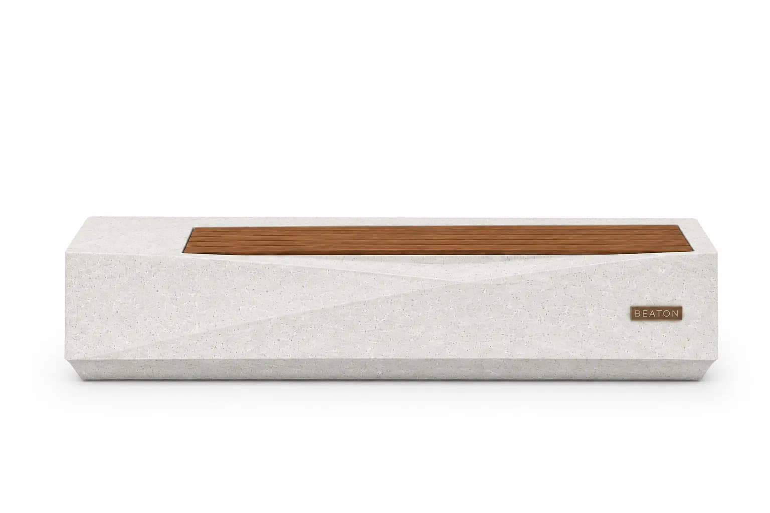 Belvar Bench — front view — off-white concrete + iroko