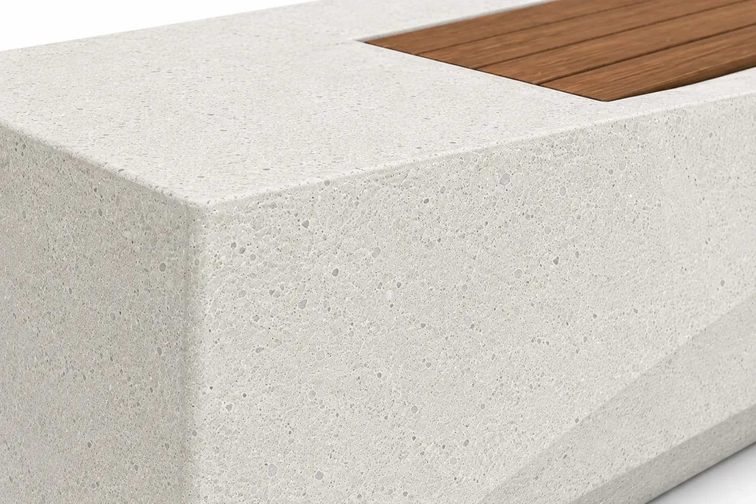 Belvar Bench — detail close-up — off-white concrete + iroko
