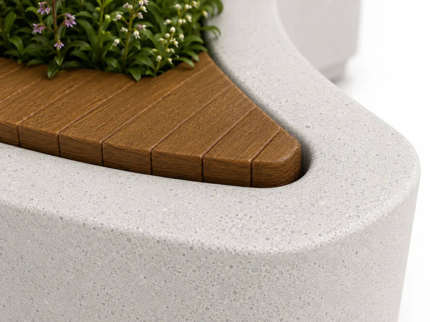 CRESA Planter Seating Unit — detail close-up — off-white concrete + iroko