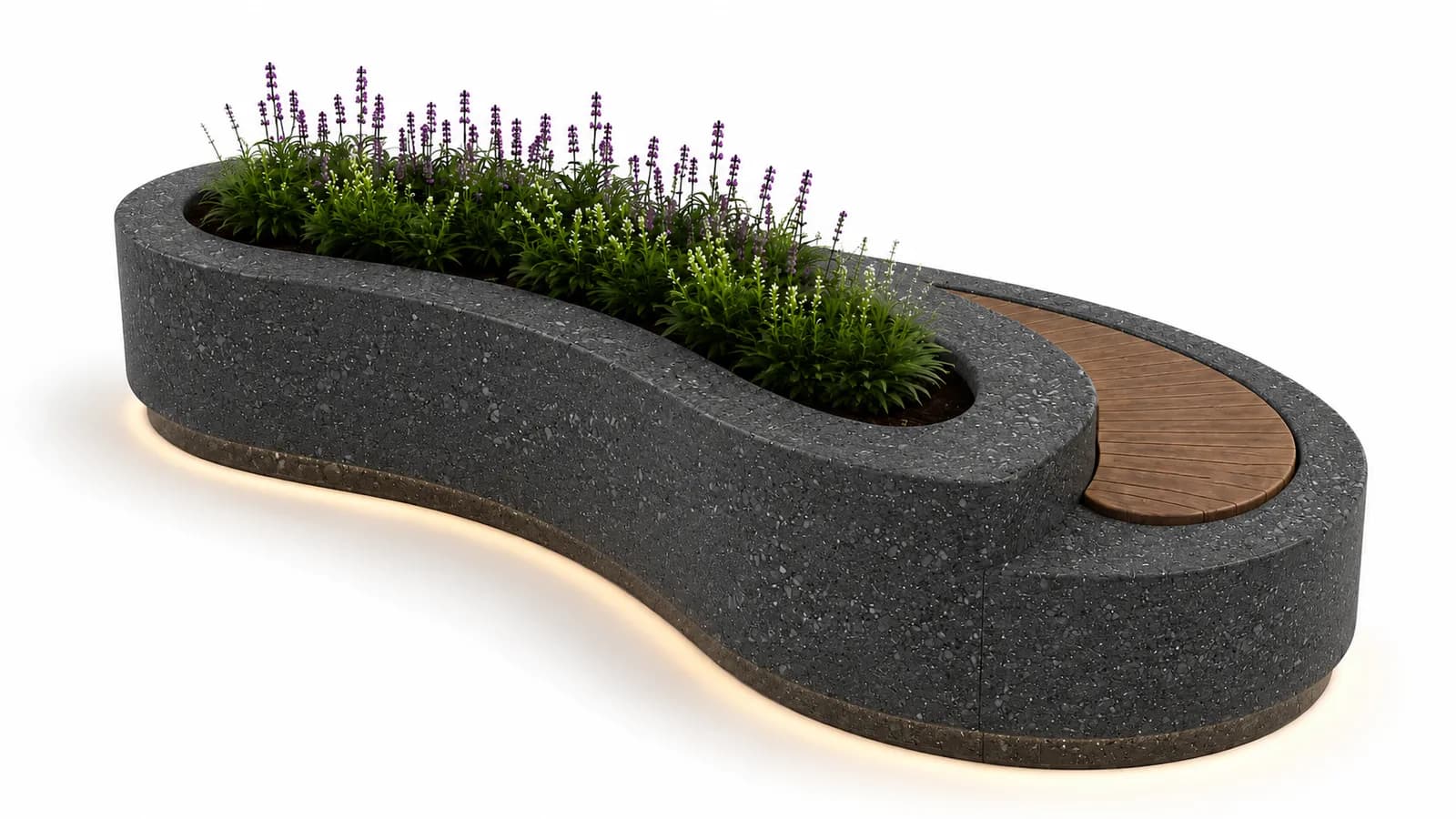 SYLVA Planter Seating Unit — 3/4 perspective — basalt concrete + sapelli