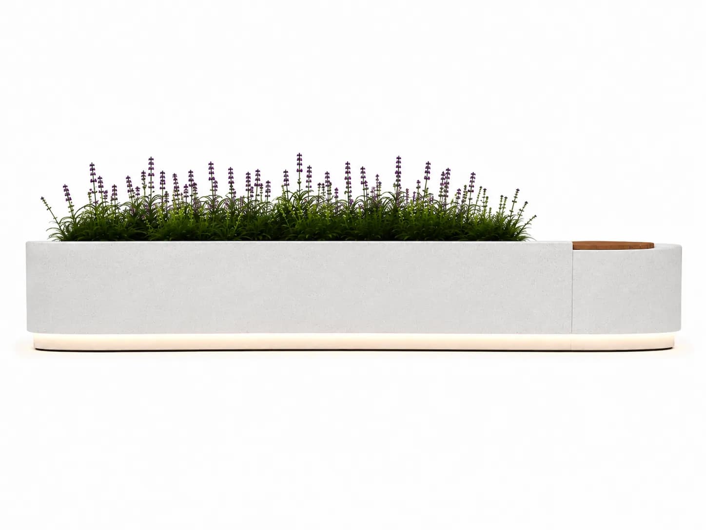 SYLVA Planter Seating Unit — front view — off-white concrete + iroko