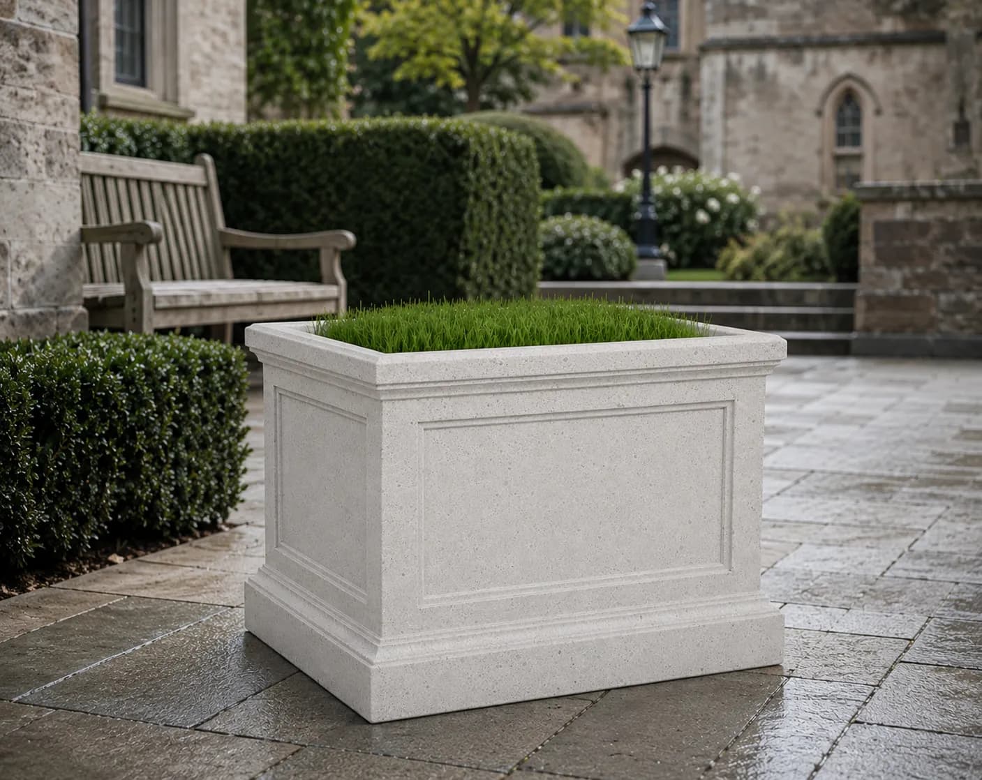 Montea Planter — 3/4 perspective — off-white concrete + iroko