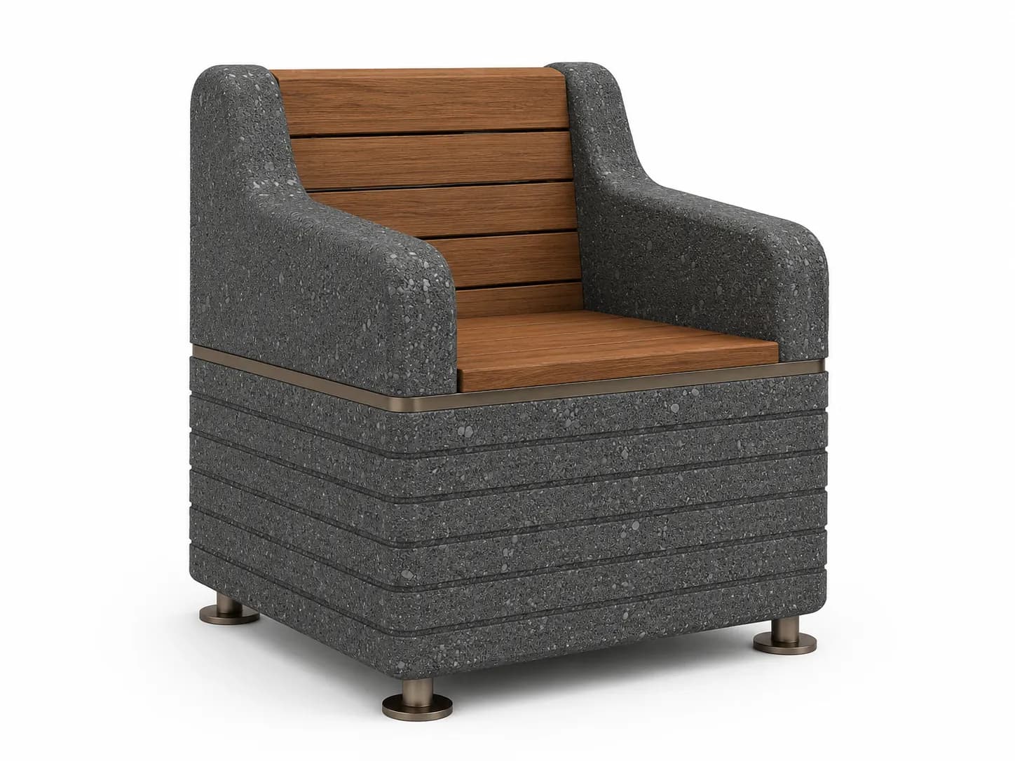 Liora Seating — 3/4 perspective — basalt concrete + sapelli