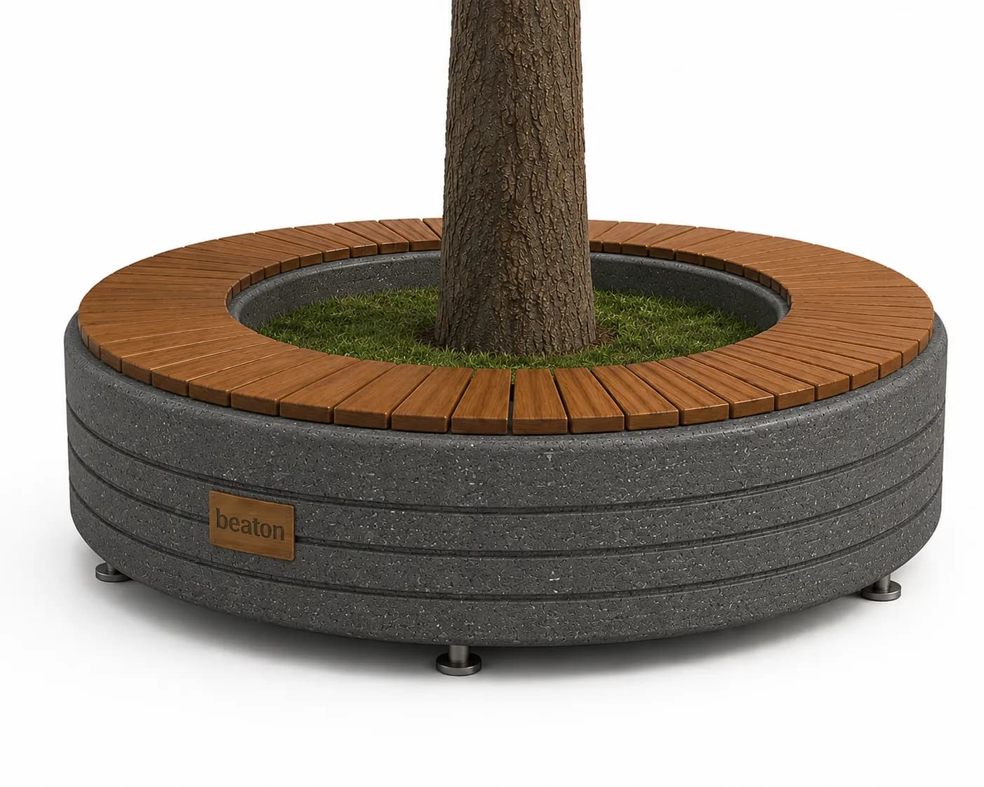 Liora Tree Bench — 3/4 perspective — basalt concrete + sapelli