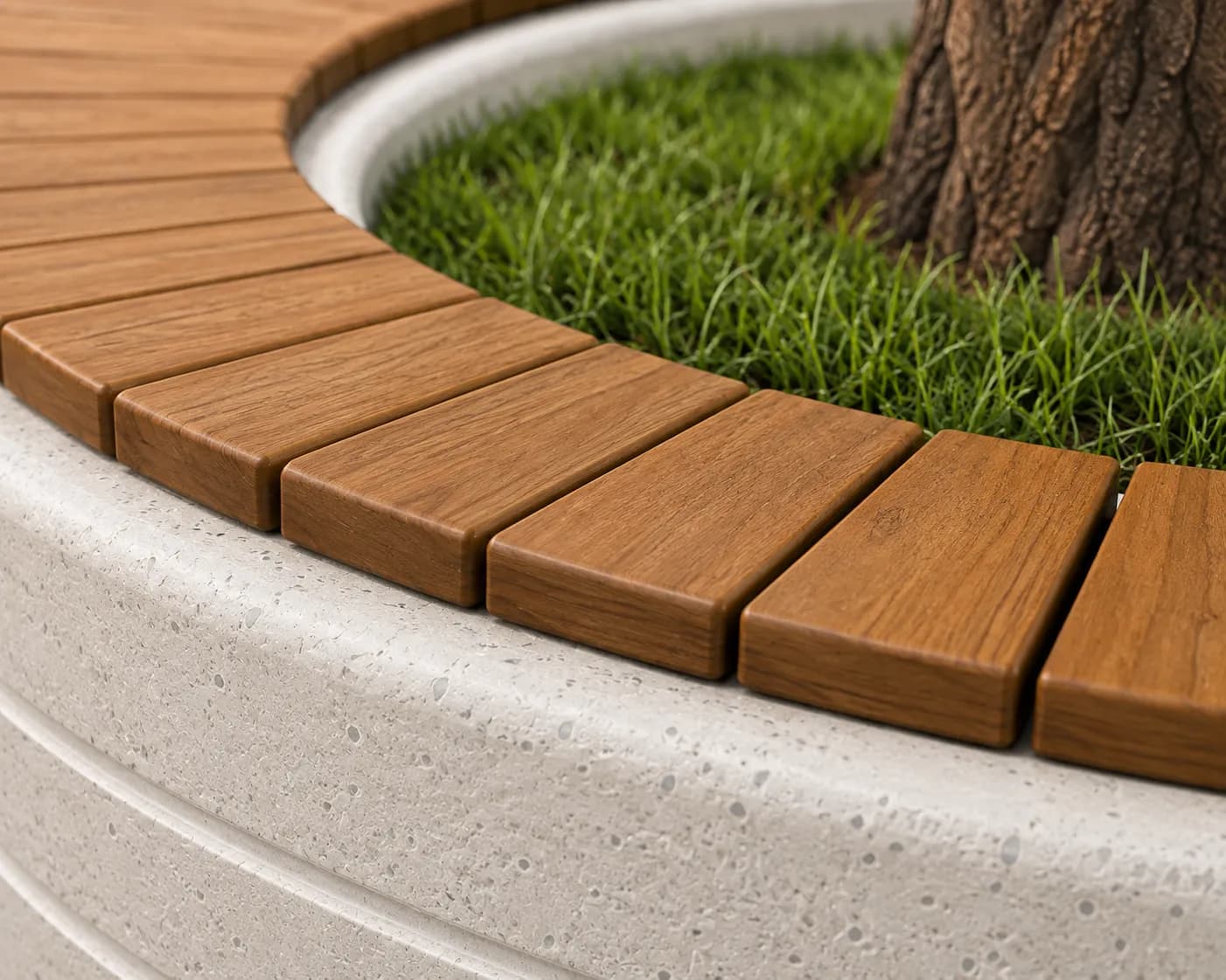 Liora Tree Bench — detail close-up — off-white concrete + iroko