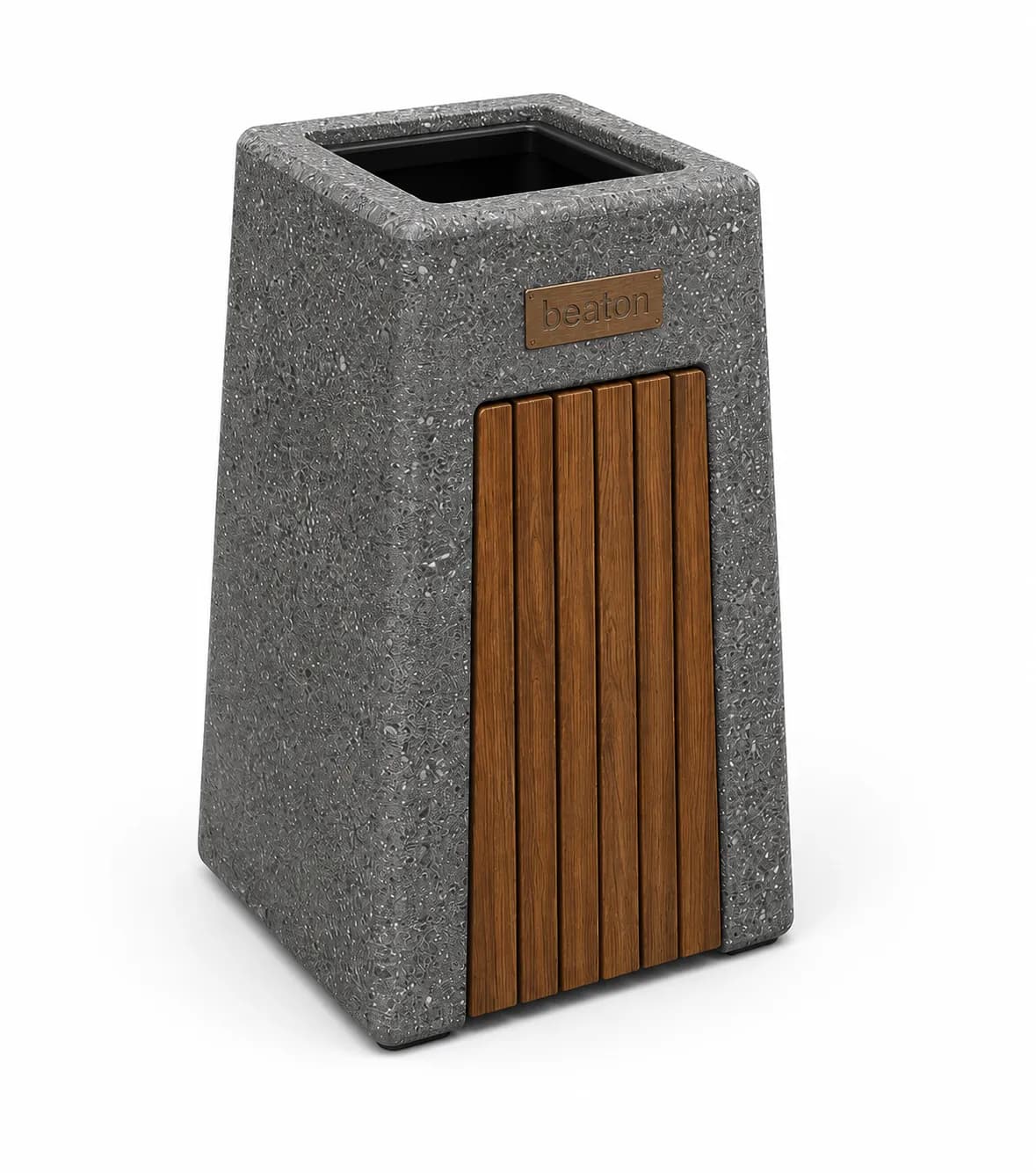 Caven Bin — 3/4 perspective — basalt concrete + sapelli