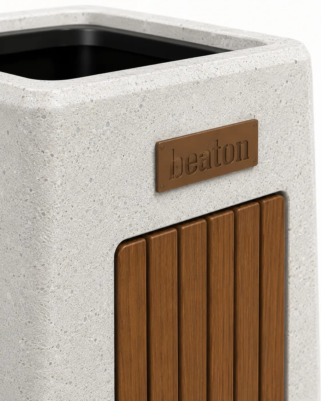 Caven Bin — detail close-up — off-white concrete + iroko