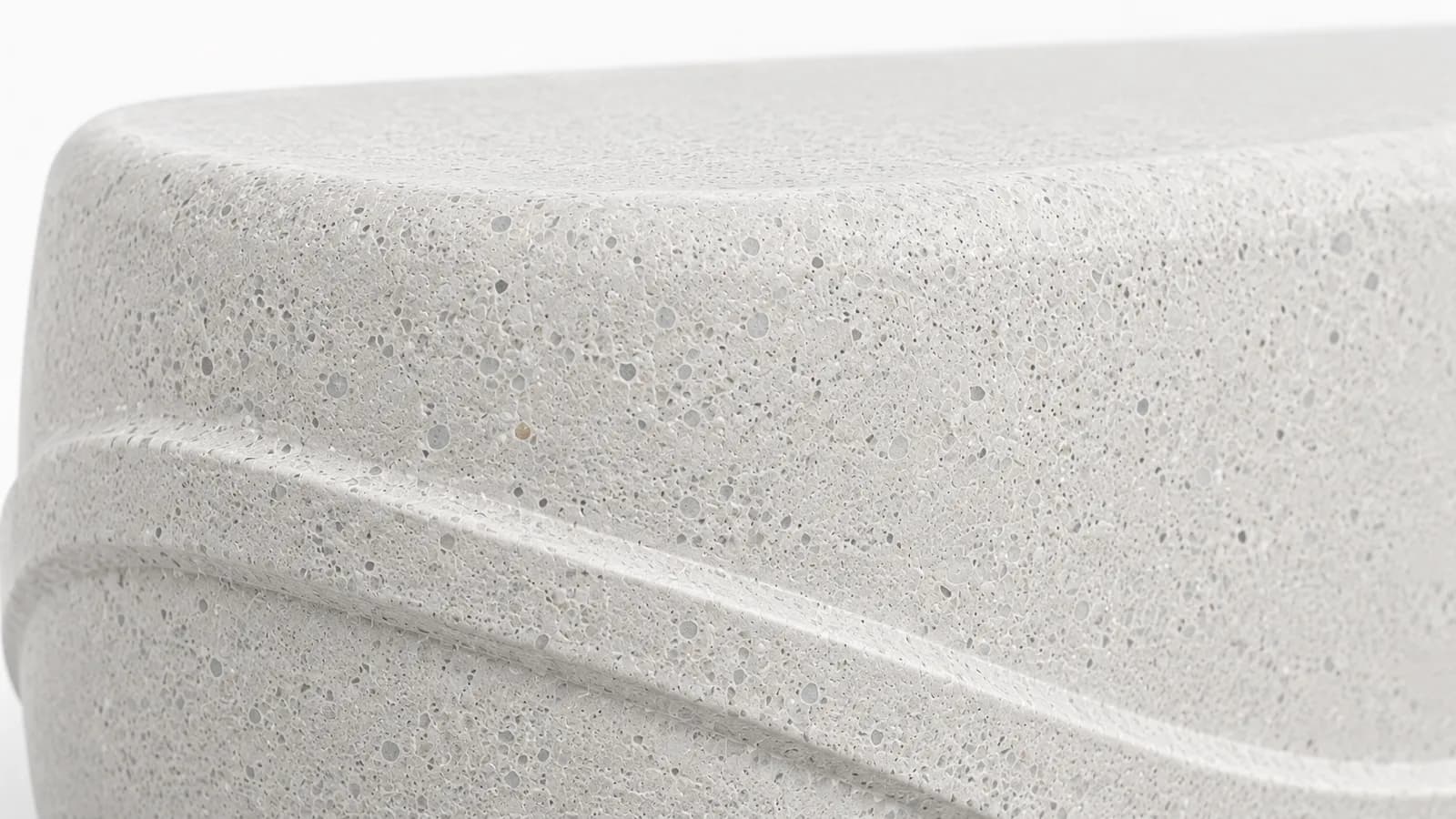 Aura Flow Bench — detail close-up — off-white concrete + iroko